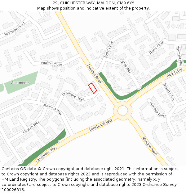 29, CHICHESTER WAY, MALDON, CM9 6YY: Location map and indicative extent of plot