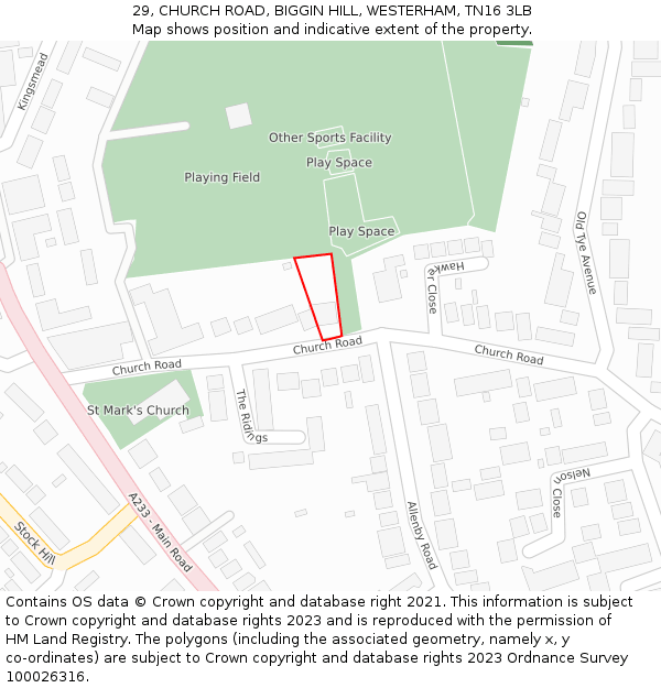 29, CHURCH ROAD, BIGGIN HILL, WESTERHAM, TN16 3LB: Location map and indicative extent of plot