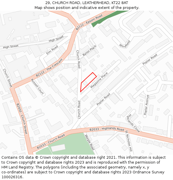 29, CHURCH ROAD, LEATHERHEAD, KT22 8AT: Location map and indicative extent of plot