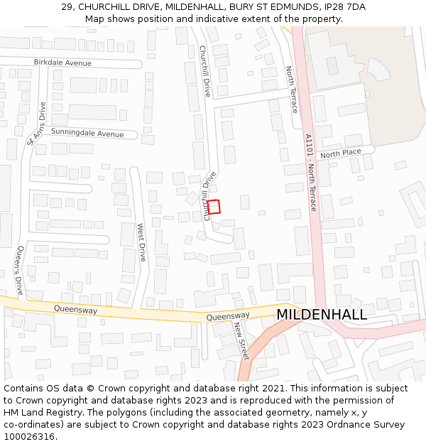 29, CHURCHILL DRIVE, MILDENHALL, BURY ST EDMUNDS, IP28 7DA: Location map and indicative extent of plot