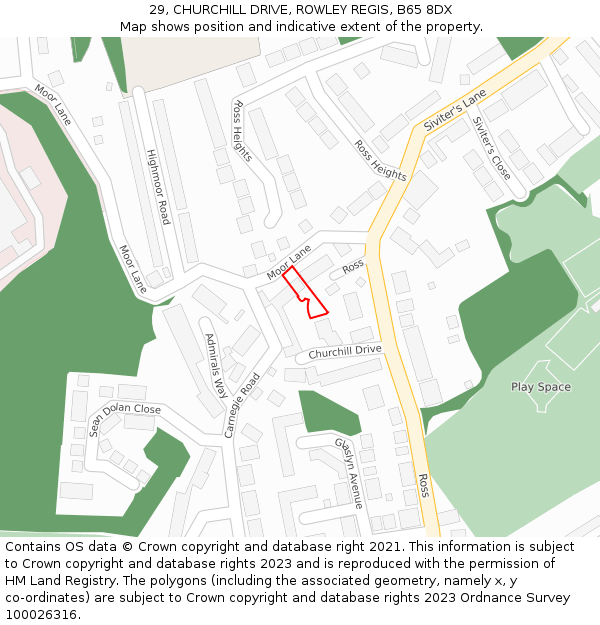 29, CHURCHILL DRIVE, ROWLEY REGIS, B65 8DX: Location map and indicative extent of plot