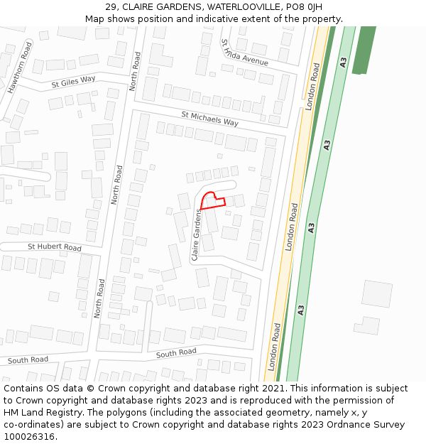 29, CLAIRE GARDENS, WATERLOOVILLE, PO8 0JH: Location map and indicative extent of plot