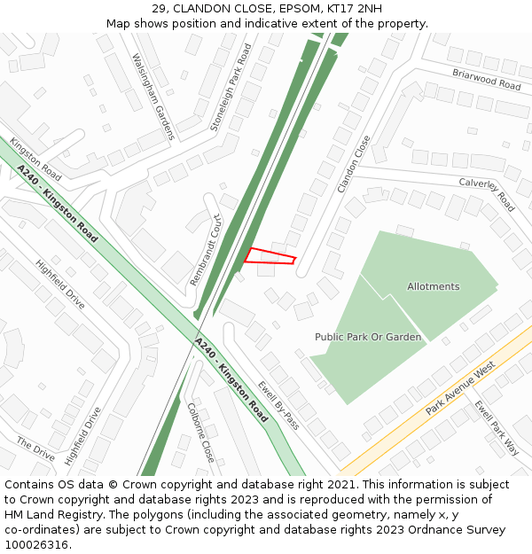 29, CLANDON CLOSE, EPSOM, KT17 2NH: Location map and indicative extent of plot