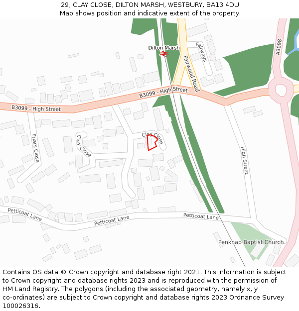 29, CLAY CLOSE, DILTON MARSH, WESTBURY, BA13 4DU: Location map and indicative extent of plot