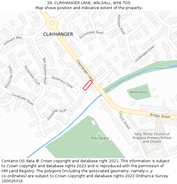 29, CLAYHANGER LANE, WALSALL, WS8 7DS: Location map and indicative extent of plot