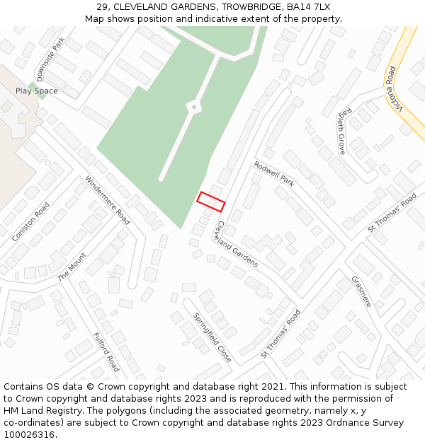 29, CLEVELAND GARDENS, TROWBRIDGE, BA14 7LX: Location map and indicative extent of plot