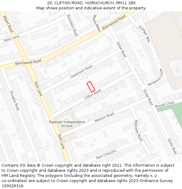 29, CLIFTON ROAD, HORNCHURCH, RM11 1BX: Location map and indicative extent of plot