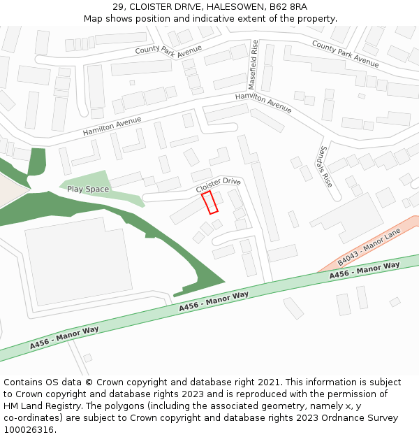 29, CLOISTER DRIVE, HALESOWEN, B62 8RA: Location map and indicative extent of plot