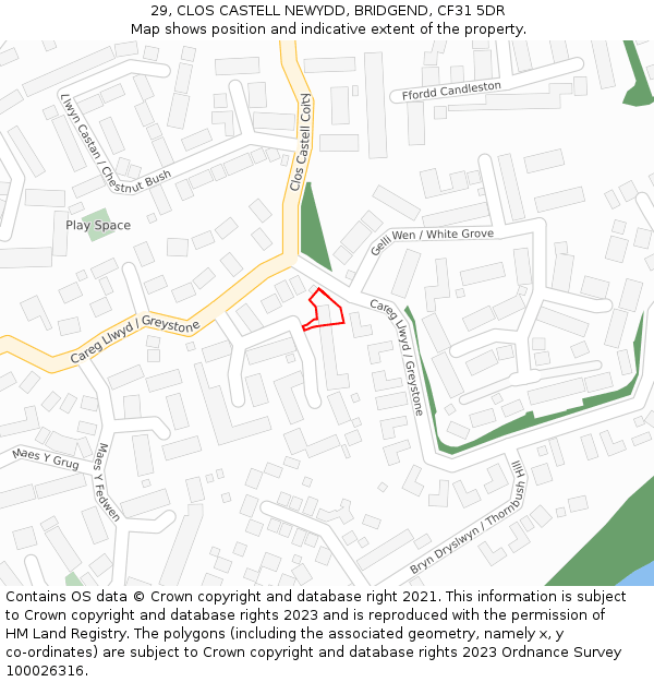29, CLOS CASTELL NEWYDD, BRIDGEND, CF31 5DR: Location map and indicative extent of plot
