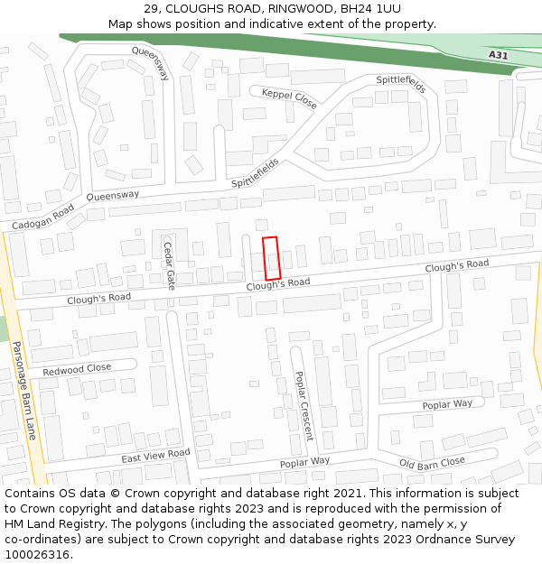 29, CLOUGHS ROAD, RINGWOOD, BH24 1UU: Location map and indicative extent of plot