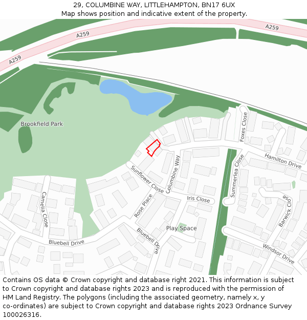29, COLUMBINE WAY, LITTLEHAMPTON, BN17 6UX: Location map and indicative extent of plot