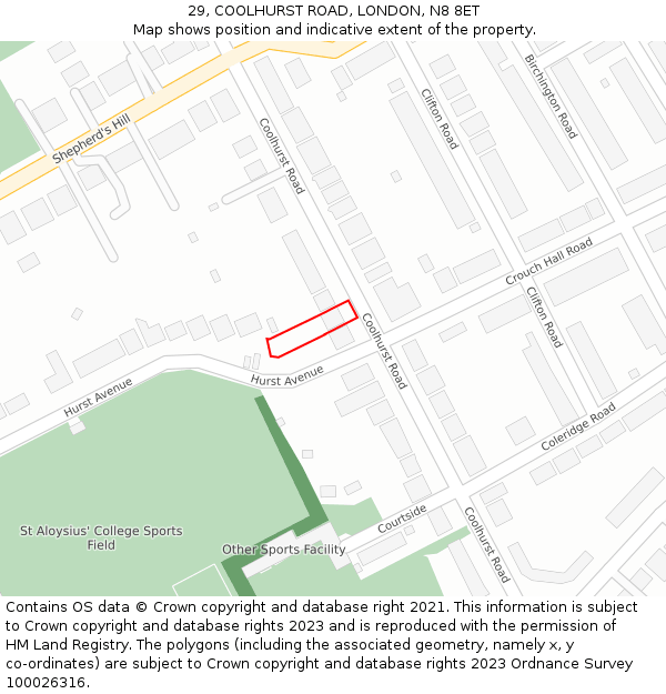 29, COOLHURST ROAD, LONDON, N8 8ET: Location map and indicative extent of plot