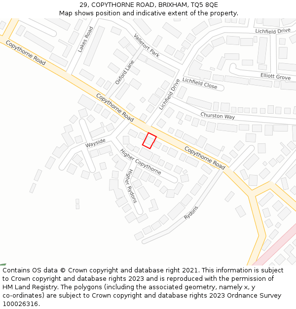 29, COPYTHORNE ROAD, BRIXHAM, TQ5 8QE: Location map and indicative extent of plot