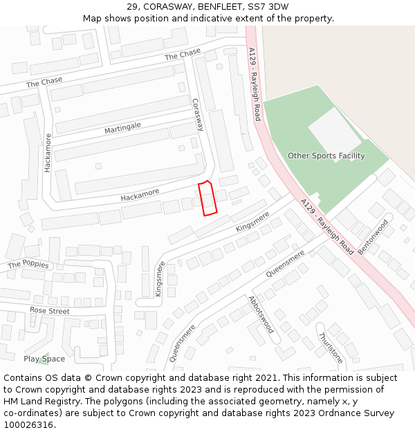 29, CORASWAY, BENFLEET, SS7 3DW: Location map and indicative extent of plot