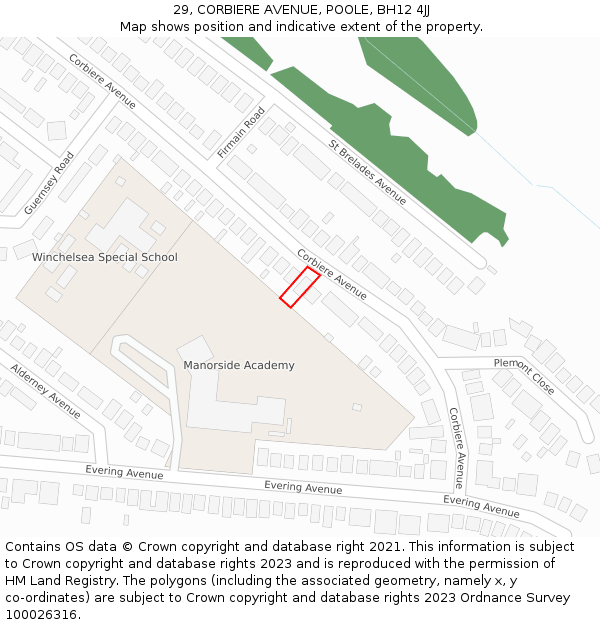 29, CORBIERE AVENUE, POOLE, BH12 4JJ: Location map and indicative extent of plot