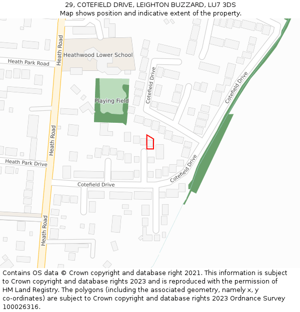 29, COTEFIELD DRIVE, LEIGHTON BUZZARD, LU7 3DS: Location map and indicative extent of plot