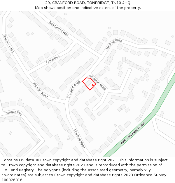 29, CRANFORD ROAD, TONBRIDGE, TN10 4HQ: Location map and indicative extent of plot