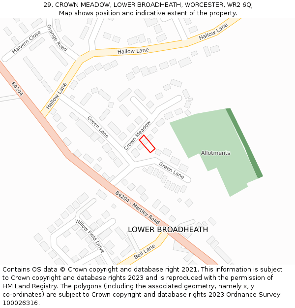 29, CROWN MEADOW, LOWER BROADHEATH, WORCESTER, WR2 6QJ: Location map and indicative extent of plot