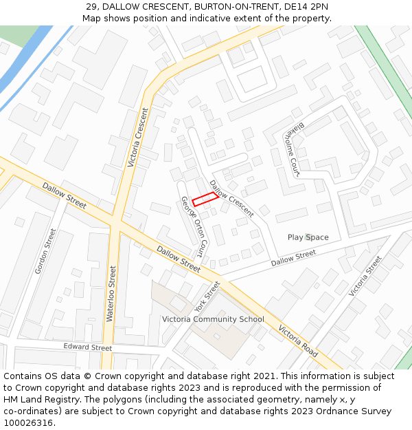 29, DALLOW CRESCENT, BURTON-ON-TRENT, DE14 2PN: Location map and indicative extent of plot