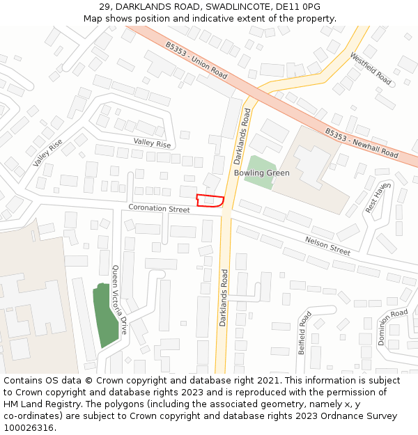 29, DARKLANDS ROAD, SWADLINCOTE, DE11 0PG: Location map and indicative extent of plot