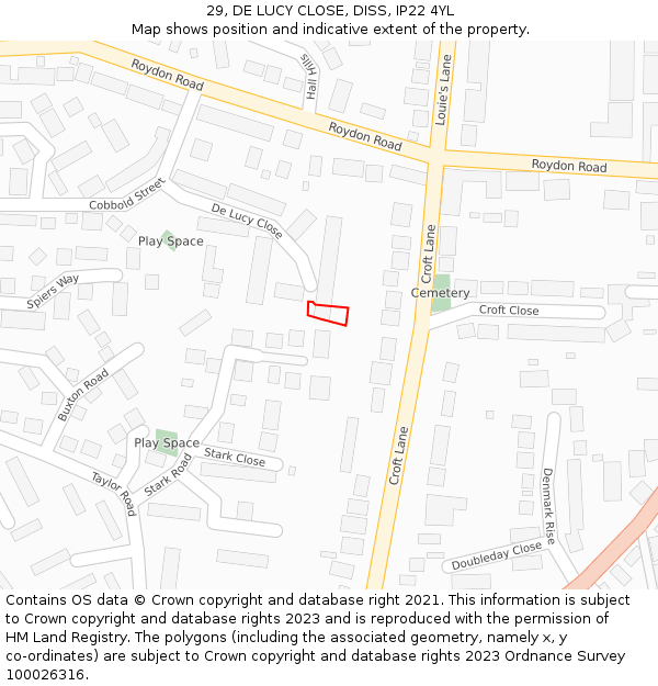 29, DE LUCY CLOSE, DISS, IP22 4YL: Location map and indicative extent of plot