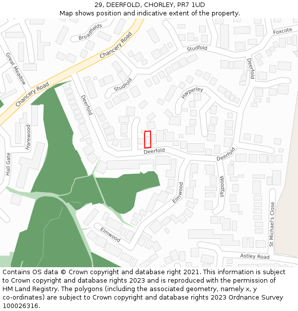 29, DEERFOLD, CHORLEY, PR7 1UD: Location map and indicative extent of plot