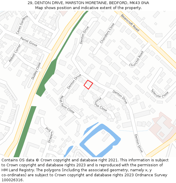 29, DENTON DRIVE, MARSTON MORETAINE, BEDFORD, MK43 0NA: Location map and indicative extent of plot