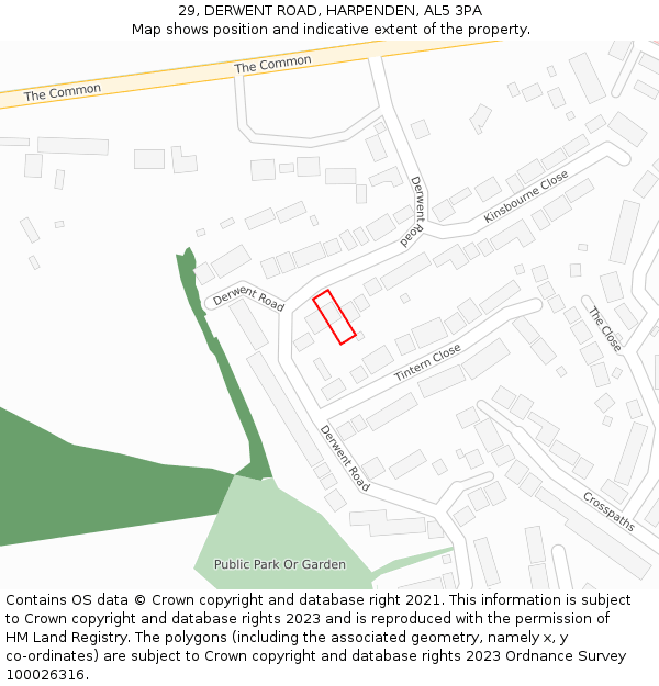 29, DERWENT ROAD, HARPENDEN, AL5 3PA: Location map and indicative extent of plot