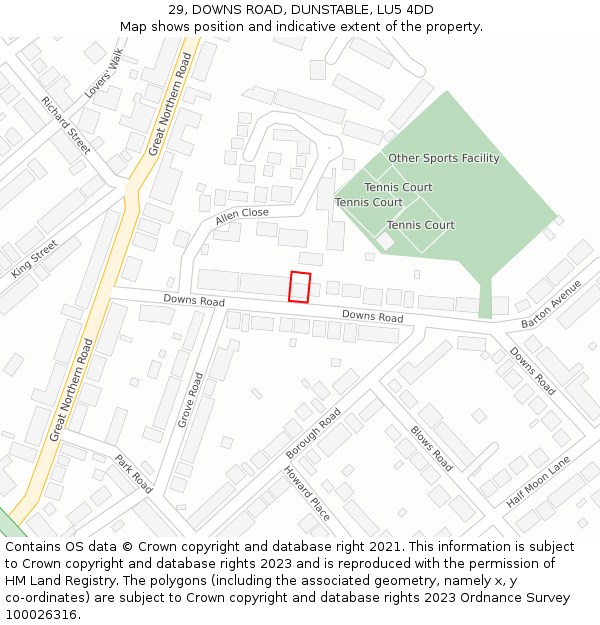 29, DOWNS ROAD, DUNSTABLE, LU5 4DD: Location map and indicative extent of plot