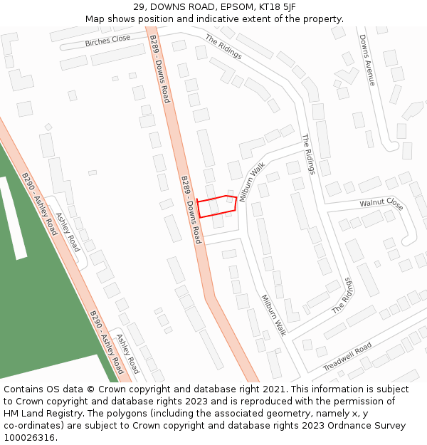 29, DOWNS ROAD, EPSOM, KT18 5JF: Location map and indicative extent of plot