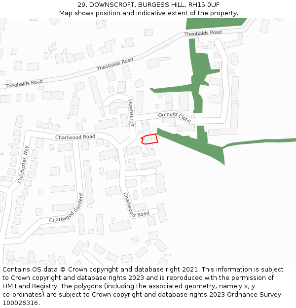 29, DOWNSCROFT, BURGESS HILL, RH15 0UF: Location map and indicative extent of plot