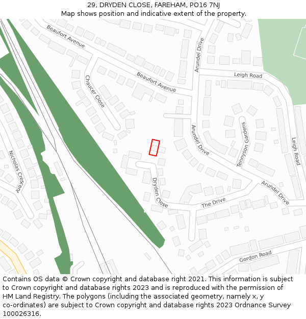 29, DRYDEN CLOSE, FAREHAM, PO16 7NJ: Location map and indicative extent of plot