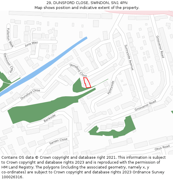 29, DUNSFORD CLOSE, SWINDON, SN1 4PN: Location map and indicative extent of plot