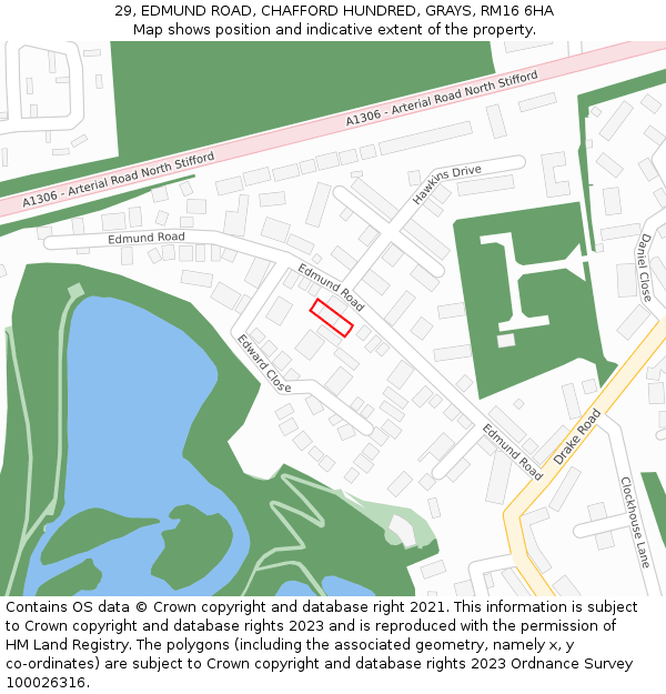 29, EDMUND ROAD, CHAFFORD HUNDRED, GRAYS, RM16 6HA: Location map and indicative extent of plot