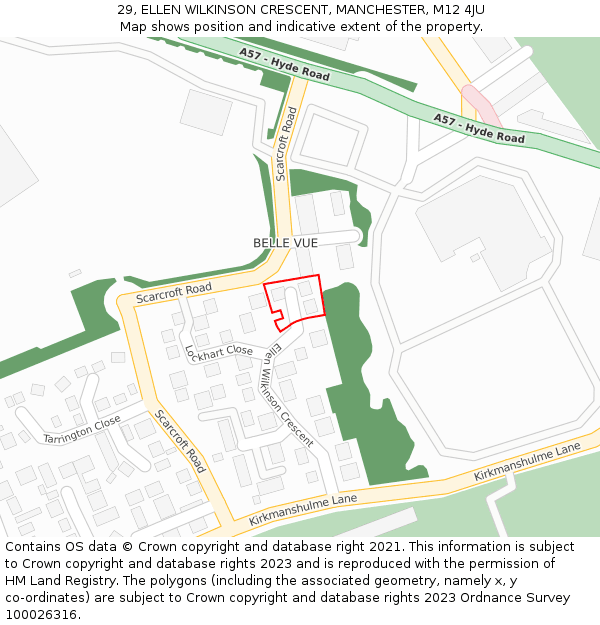 29, ELLEN WILKINSON CRESCENT, MANCHESTER, M12 4JU: Location map and indicative extent of plot