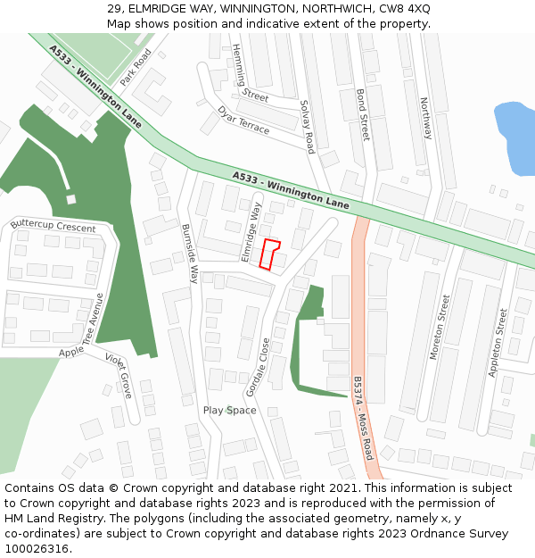 29, ELMRIDGE WAY, WINNINGTON, NORTHWICH, CW8 4XQ: Location map and indicative extent of plot