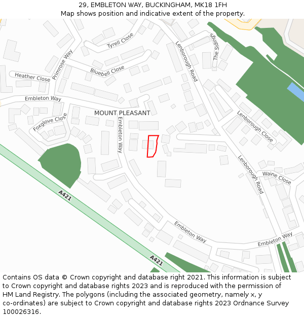 29, EMBLETON WAY, BUCKINGHAM, MK18 1FH: Location map and indicative extent of plot