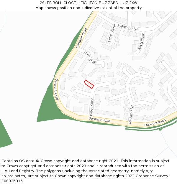 29, ERIBOLL CLOSE, LEIGHTON BUZZARD, LU7 2XW: Location map and indicative extent of plot