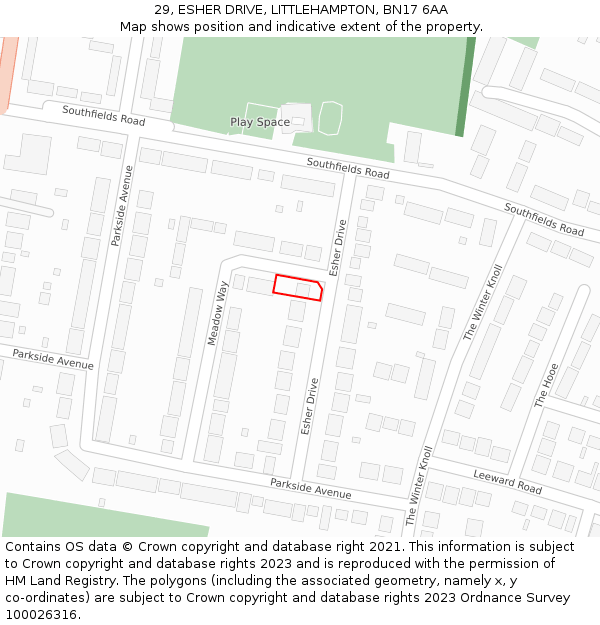 29, ESHER DRIVE, LITTLEHAMPTON, BN17 6AA: Location map and indicative extent of plot