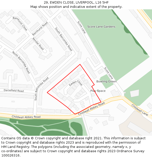 29, EWDEN CLOSE, LIVERPOOL, L16 5HF: Location map and indicative extent of plot