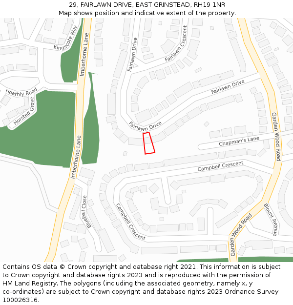 29, FAIRLAWN DRIVE, EAST GRINSTEAD, RH19 1NR: Location map and indicative extent of plot