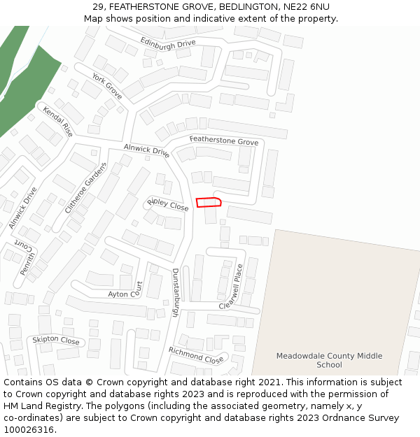 29, FEATHERSTONE GROVE, BEDLINGTON, NE22 6NU: Location map and indicative extent of plot