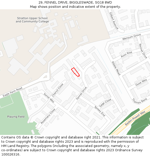 29, FENNEL DRIVE, BIGGLESWADE, SG18 8WD: Location map and indicative extent of plot