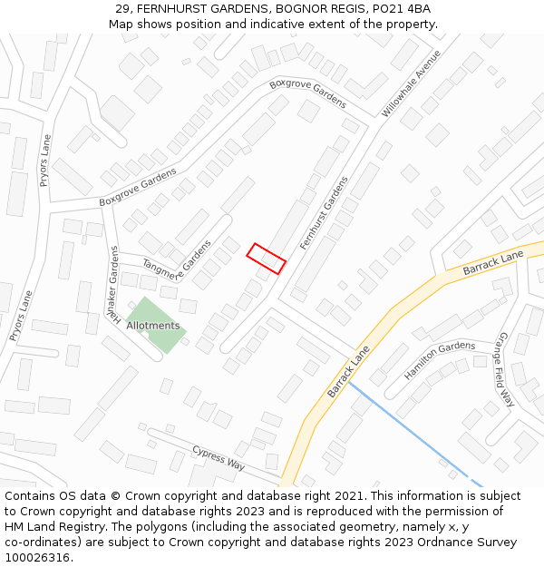 29, FERNHURST GARDENS, BOGNOR REGIS, PO21 4BA: Location map and indicative extent of plot