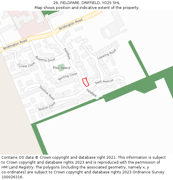 29, FIELDFARE, DRIFFIELD, YO25 5HL: Location map and indicative extent of plot