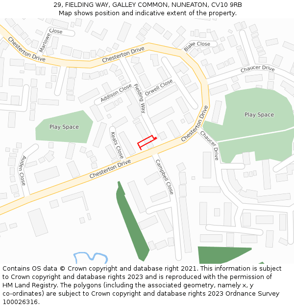 29, FIELDING WAY, GALLEY COMMON, NUNEATON, CV10 9RB: Location map and indicative extent of plot