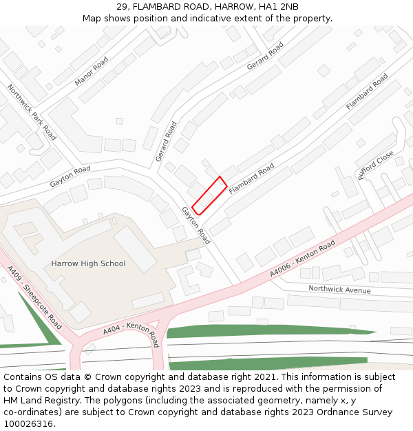 29, FLAMBARD ROAD, HARROW, HA1 2NB: Location map and indicative extent of plot