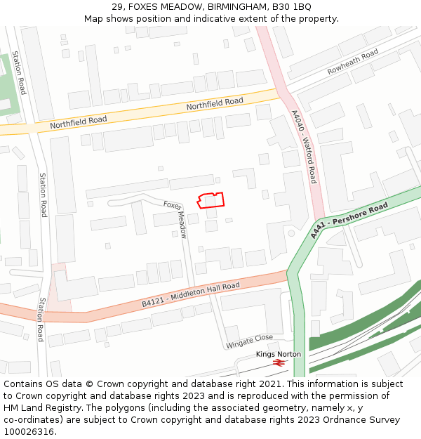 29, FOXES MEADOW, BIRMINGHAM, B30 1BQ: Location map and indicative extent of plot