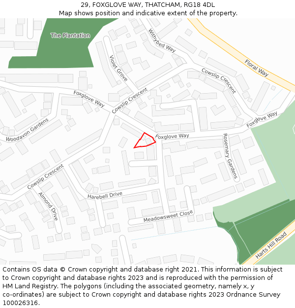 29, FOXGLOVE WAY, THATCHAM, RG18 4DL: Location map and indicative extent of plot