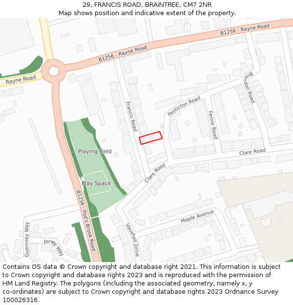 29, FRANCIS ROAD, BRAINTREE, CM7 2NR: Location map and indicative extent of plot